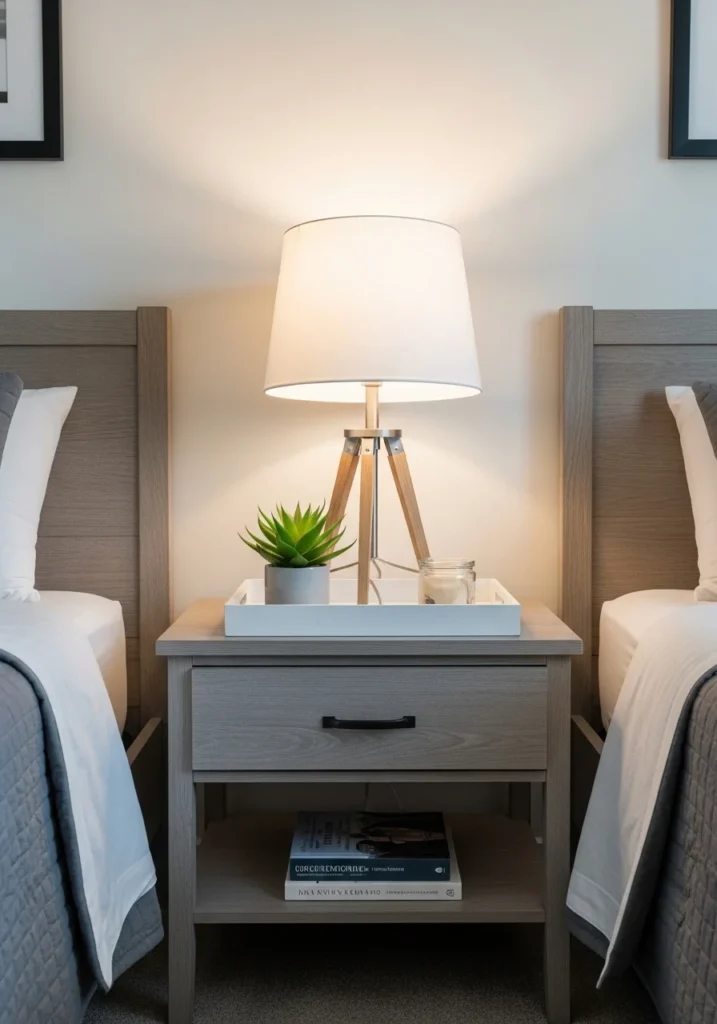 Shared nightstand between twin beds styled with lamp and decor for a practical guest bedroom