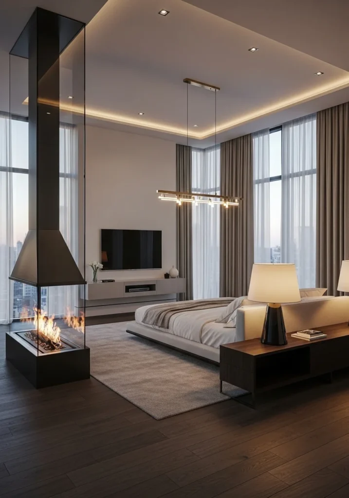 Double-sided fireplace connecting bedroom and bathroom