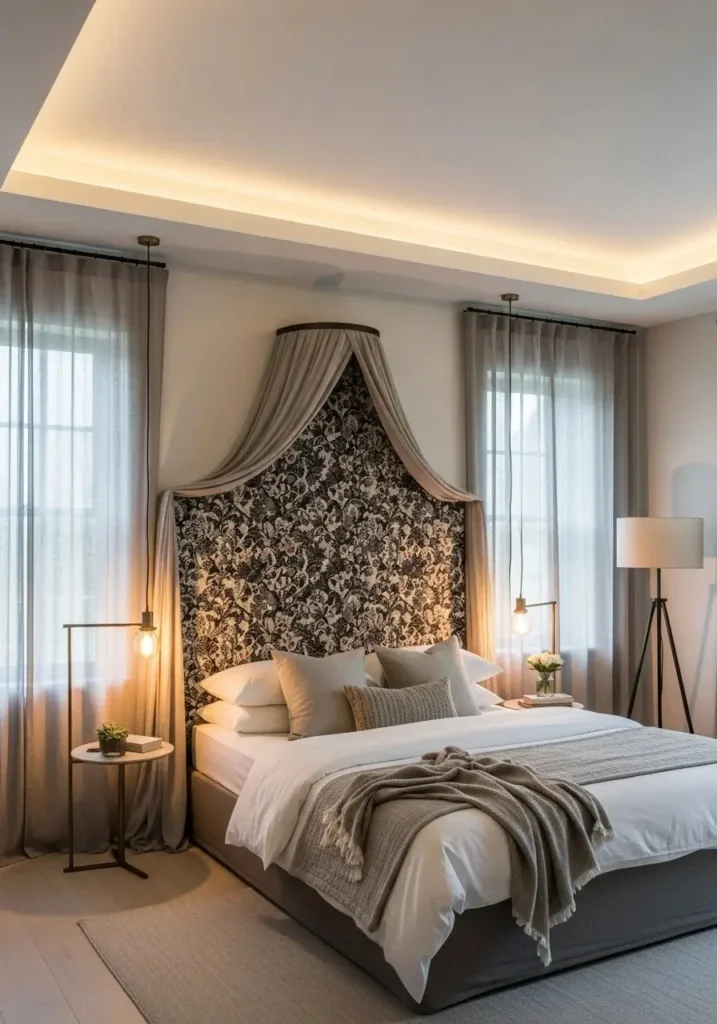 Canopy bed with a statement headboard and minimal draping for a striking bedroom centerpiece.