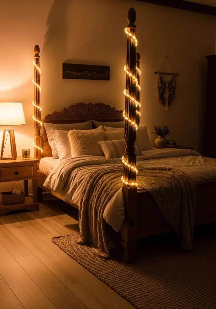 String lights wrapped around bedposts creating a soft cozy sleeping space