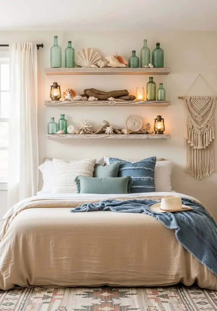 Coastal cowgirl bedroom with wall-mounted shelves decorated with seaside and western finds.
