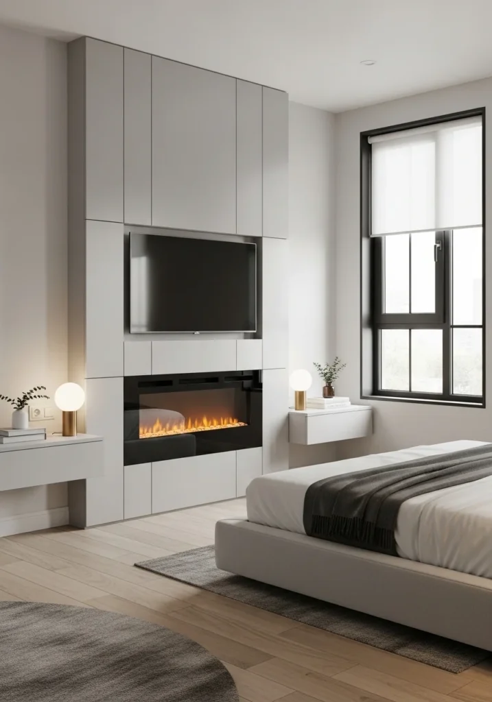 Wall-mounted electric fireplace in small modern bedroom