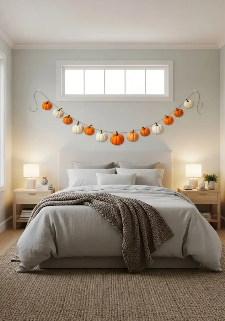 DIY mini pumpkin garland hung on bedroom wall for subtle Halloween decoration