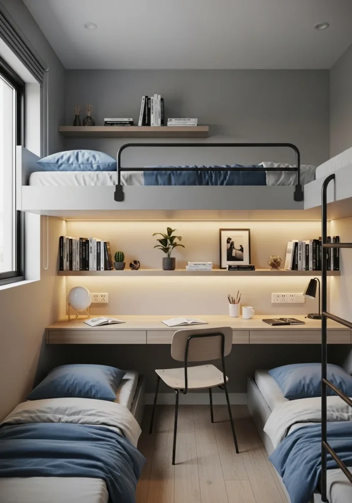 bunk bed with desk underneath for small bedroom workspace