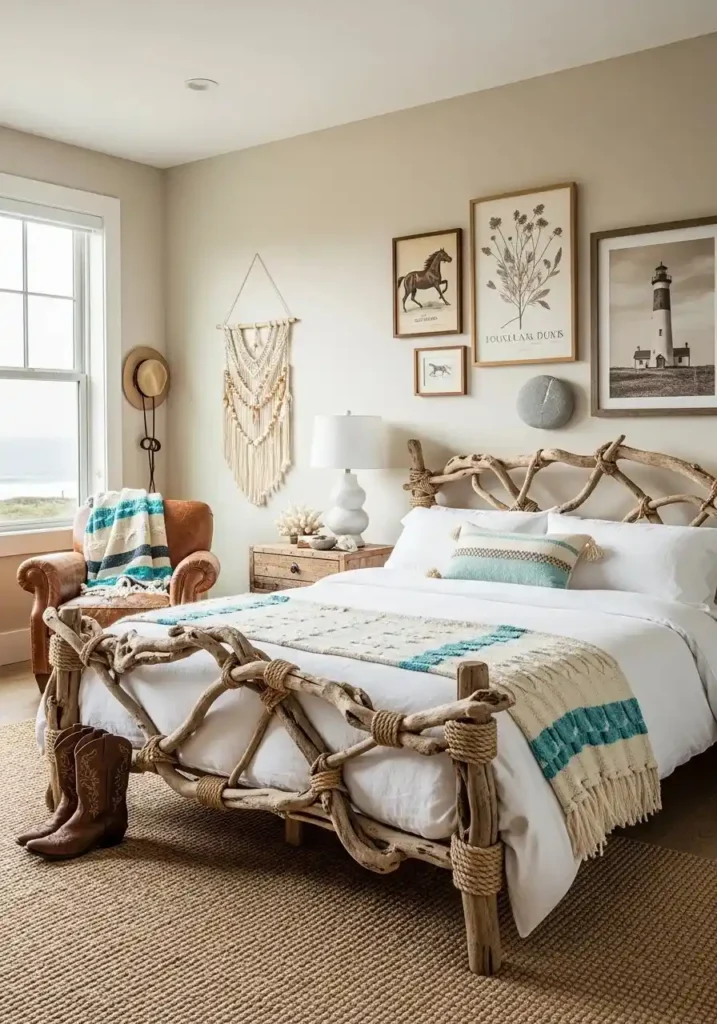 Driftwood and rope bed frame in a coastal cowgirl bedroom.