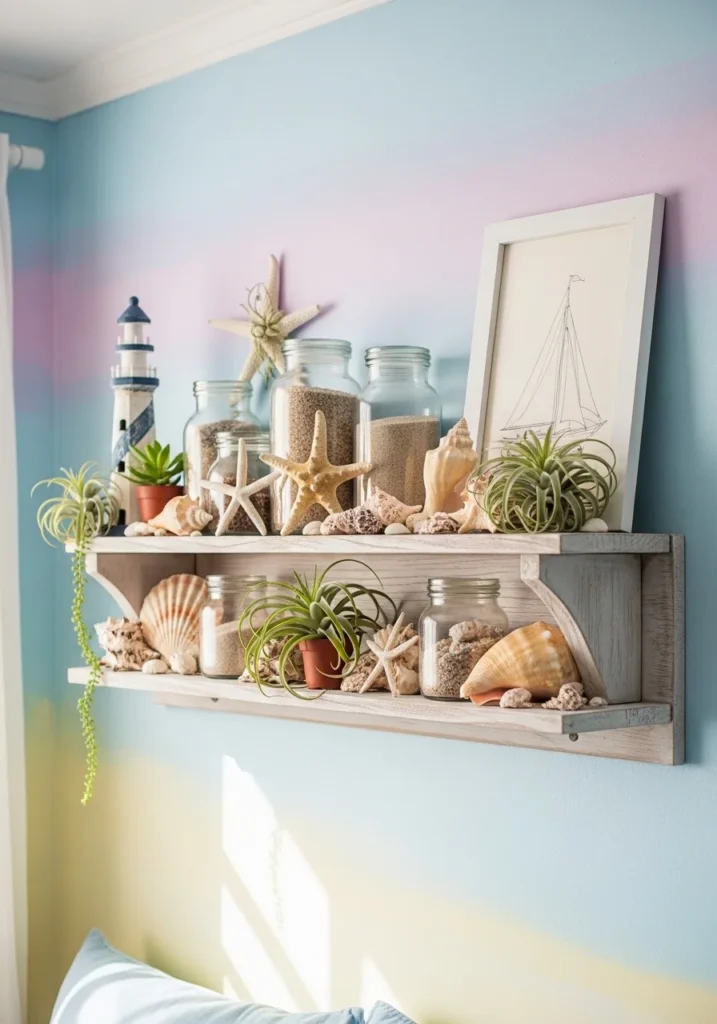 Granddaughter bedroom with shelves featuring seashells, starfish, and glass jars of sand for a playful coastal theme