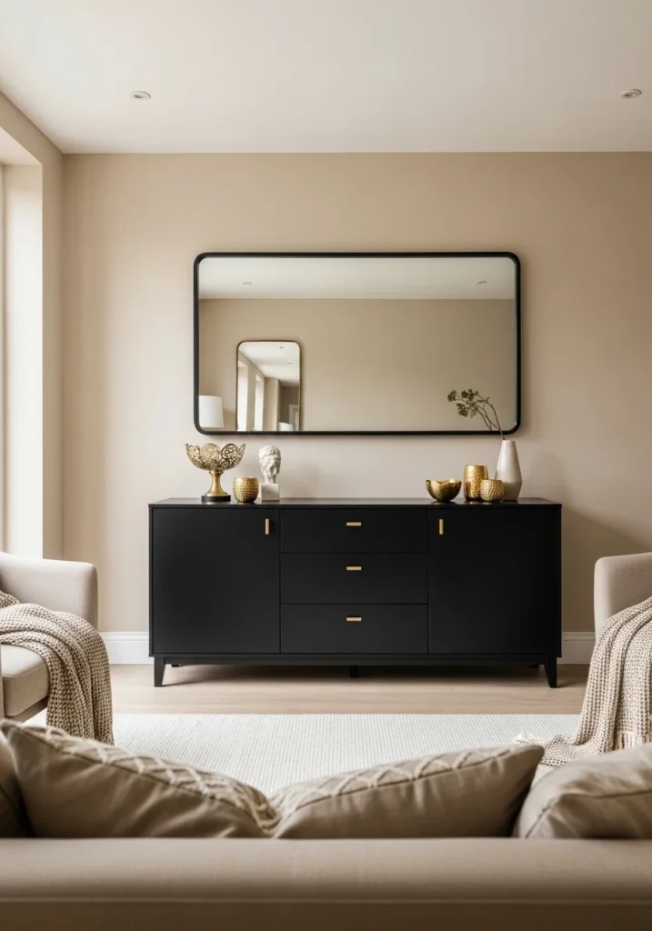 Black furniture with metallic accents in brass and gold, adding warmth and elegance to the living room.