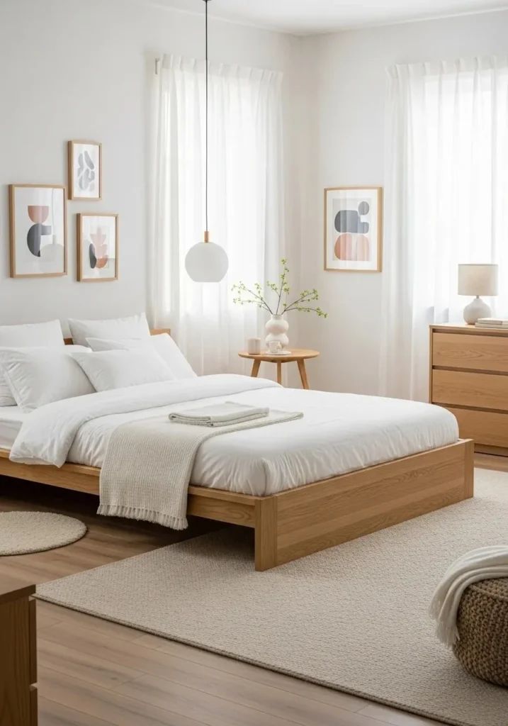 Minimalist low-profile Japandi bed with light wood frame and crisp white linens.