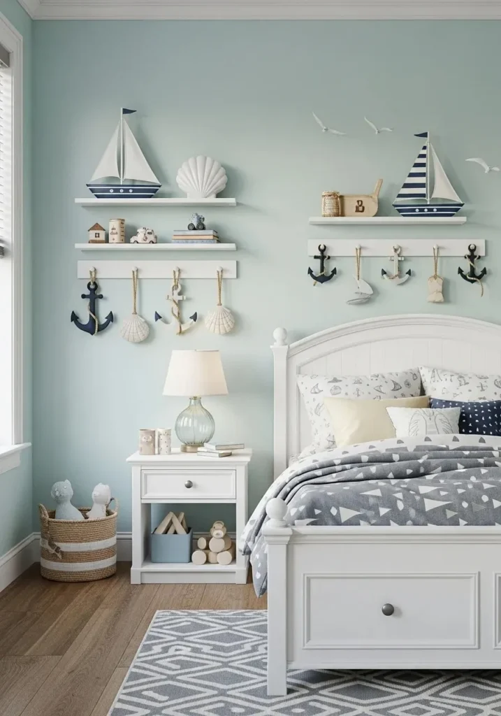 Granddaughter bedroom with coastal-themed wall hooks and shelves for personalized, functional decor