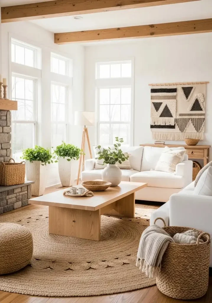 Beach living room with natural wood furniture adding warmth and texture