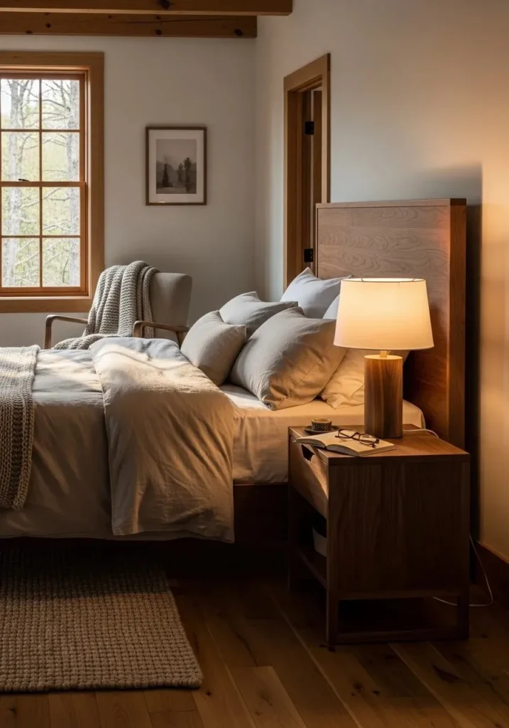 Walnut nightstand adding contrast to neutral bedroom decor