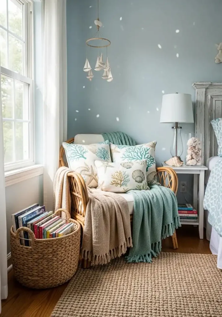 Coastal reading nook with cushioned chair, soft throw blankets, coastal-themed pillows, and books in sunlight