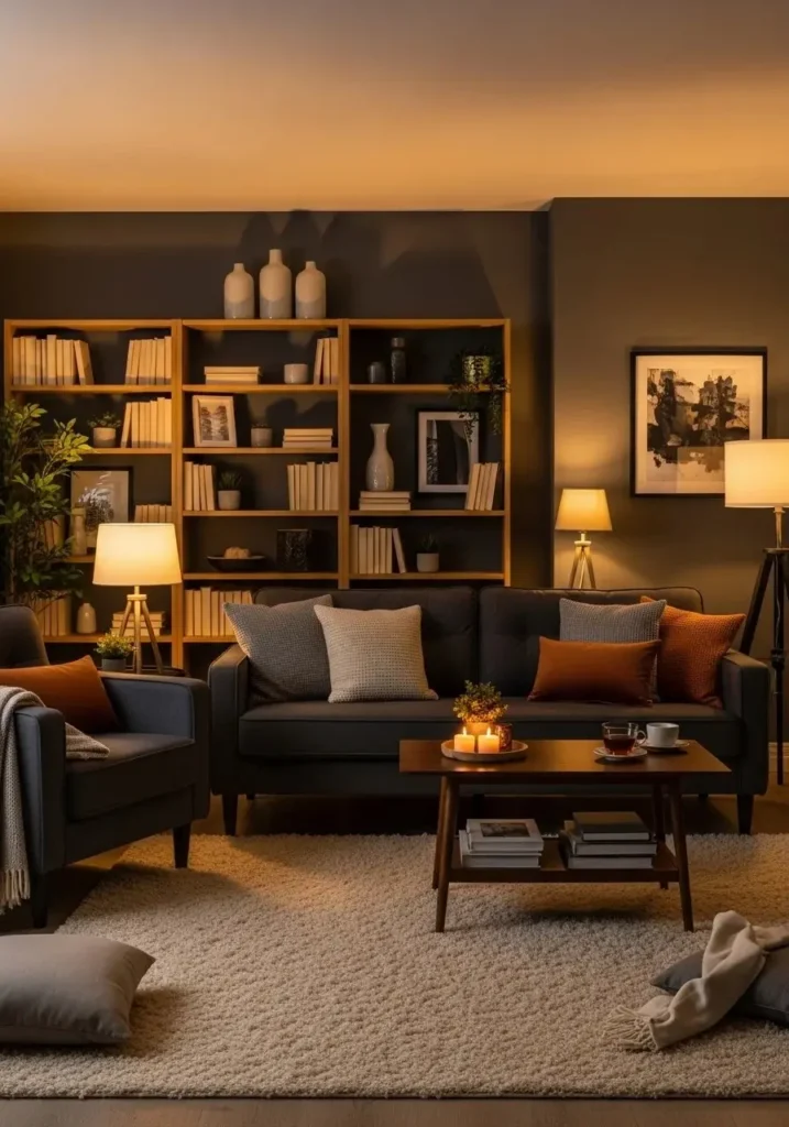Charcoal and wood living room with warm lighting and cozy textures.