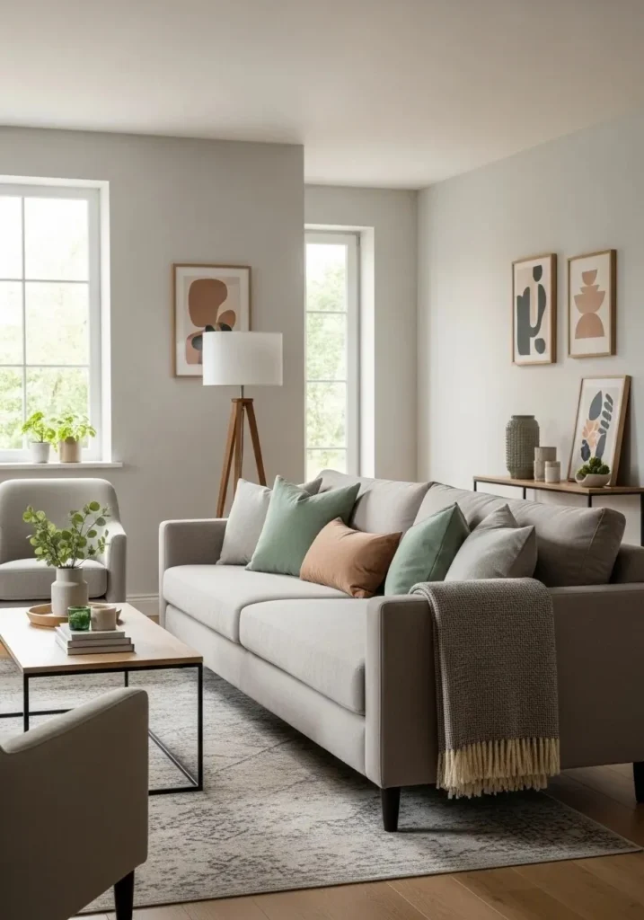 Japandi living room with muted accent pillows and throw for subtle comfort.