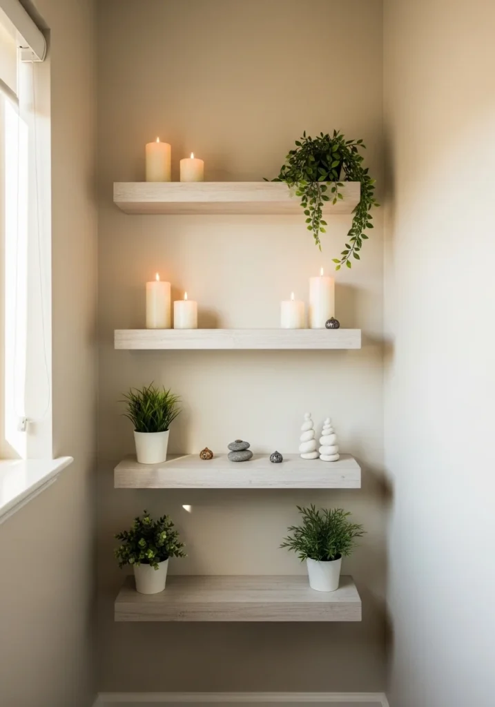 Corner floating shelves styled with plants and decor to maximize unused bedroom space