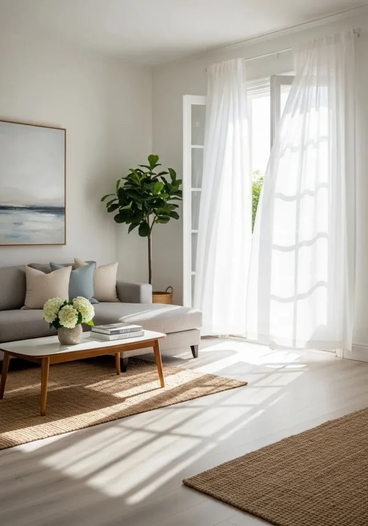 Sheer curtains in beach living room creating soft natural light and airy feel