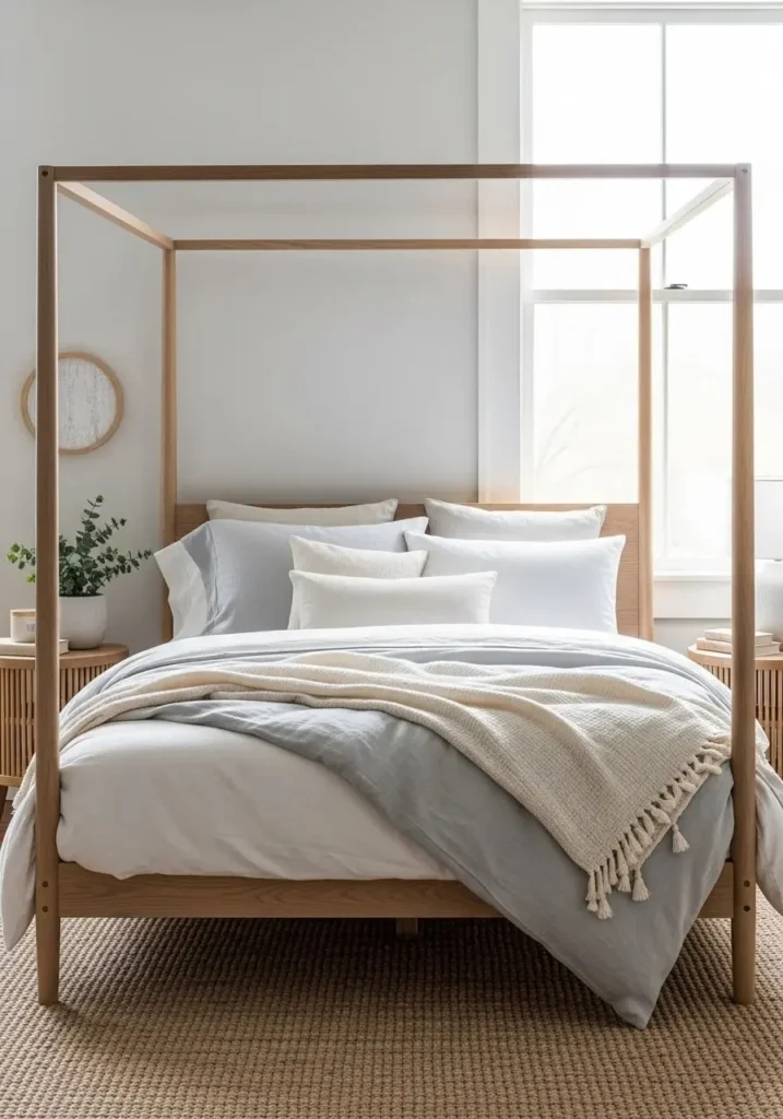 Minimal Scandinavian canopy bed with clean lines and neutral textures in a bright bedroom.