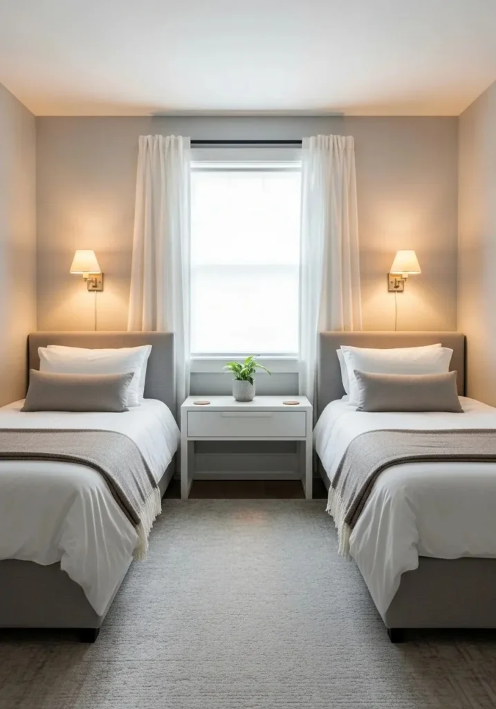 Wall sconces above twin beds saving space and adding soft lighting to a guest room
