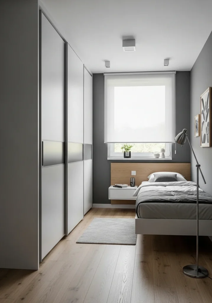 Sliding wardrobe doors in a modern bedroom saving space and creating a clean look