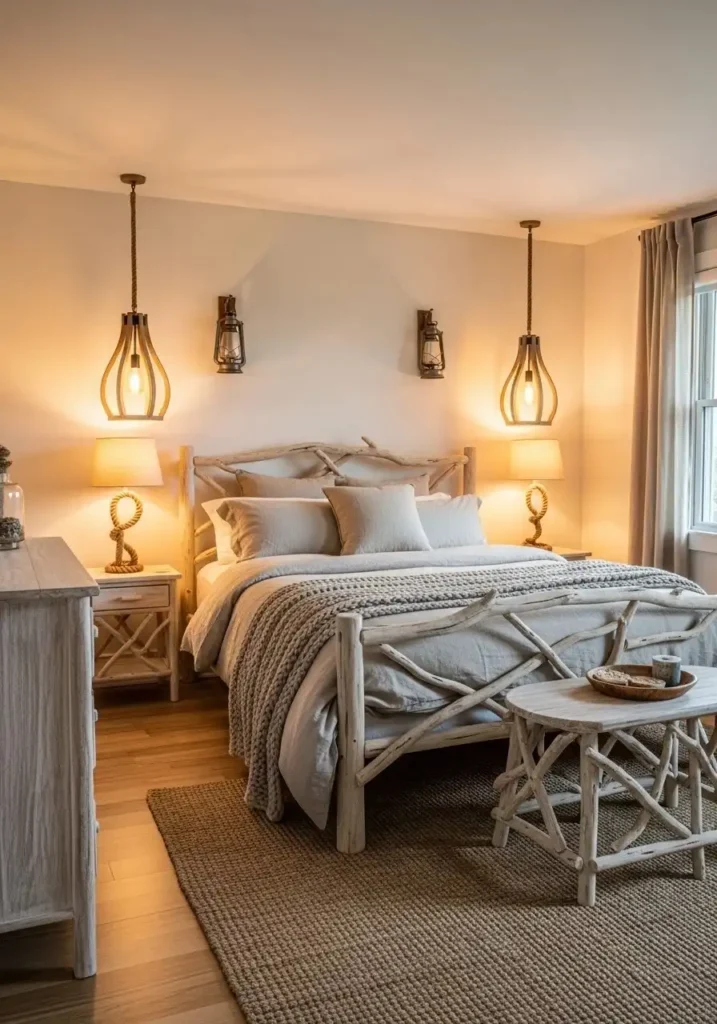 Coastal cowgirl bedroom with soft, warm lighting and rustic coastal textures.
