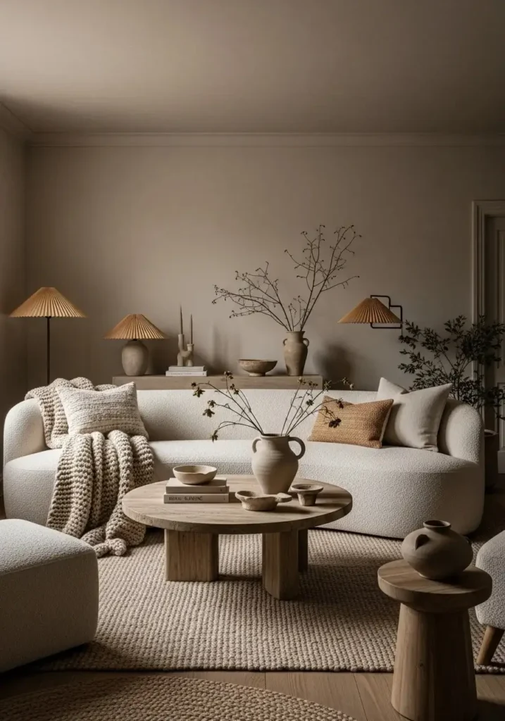 wabi sabi living room with organic shapes and curved furniture design