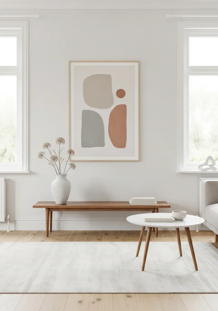 Minimal Japandi living room decor with a single vase and subtle wall art.